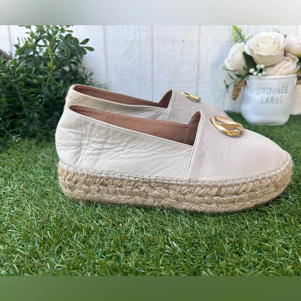 VALENTINO Jessica Espadrille Loafer Leather  Slip-Ons with Gold Emblem Cream 7